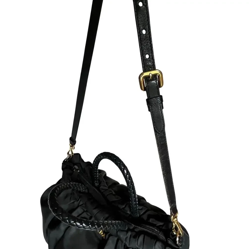 PRADA Authentic Tessuto Gaufre Ruched Nylon Satchel Handbag Black Gold Crossbody